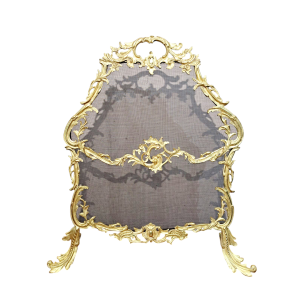 Ornate gilt fire screen on feet with black mesh