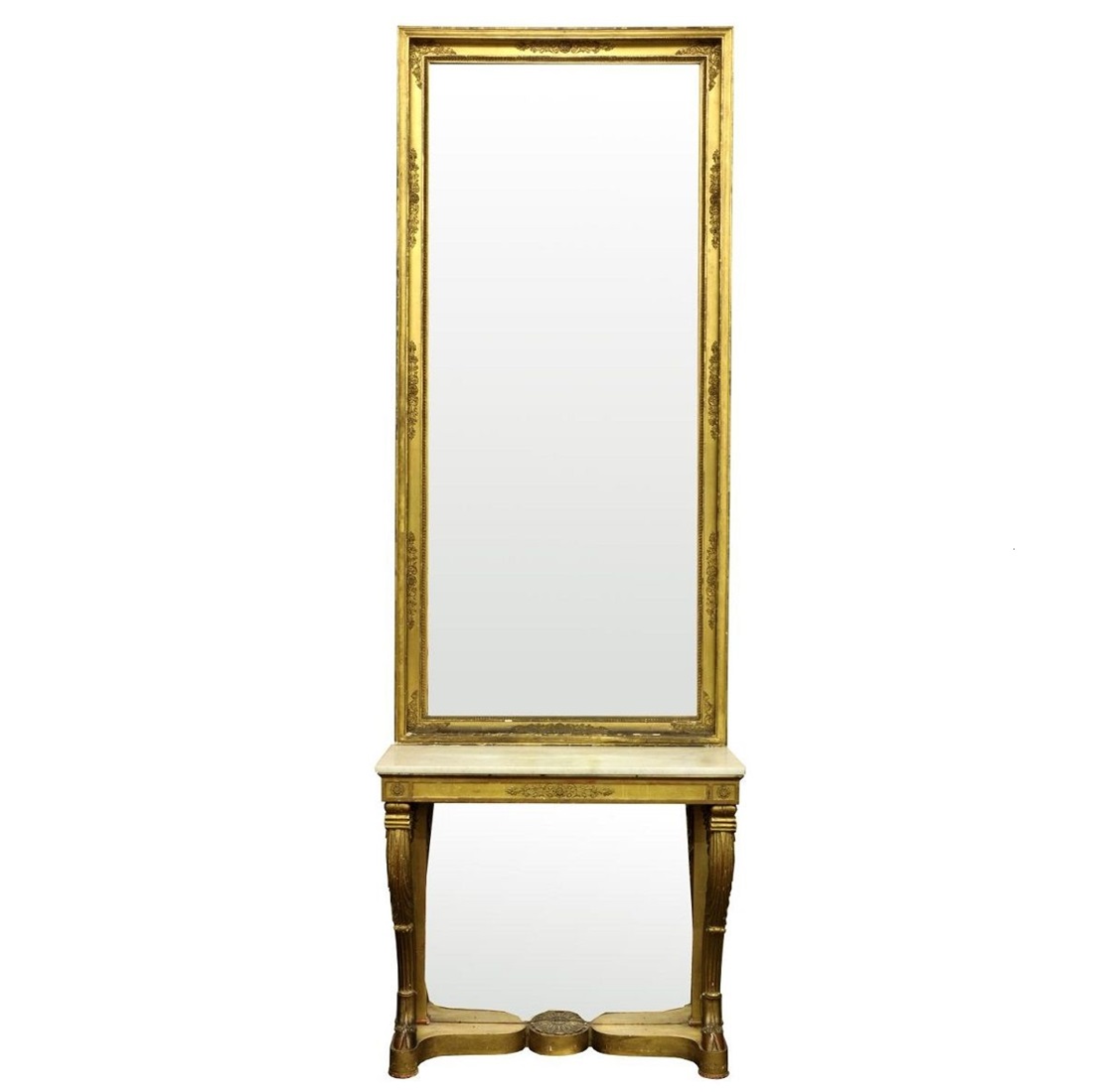 Very tall gilt mirror on gilt console table with marble top