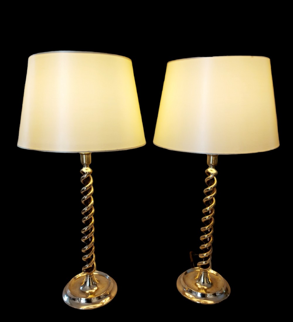Pair Of Tall 19th Century Brass Lamps With Barley Twist Supports