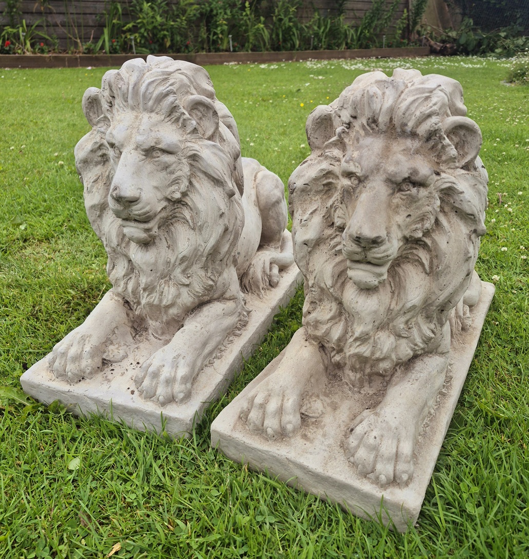 pair of large concrete garden lions on bases